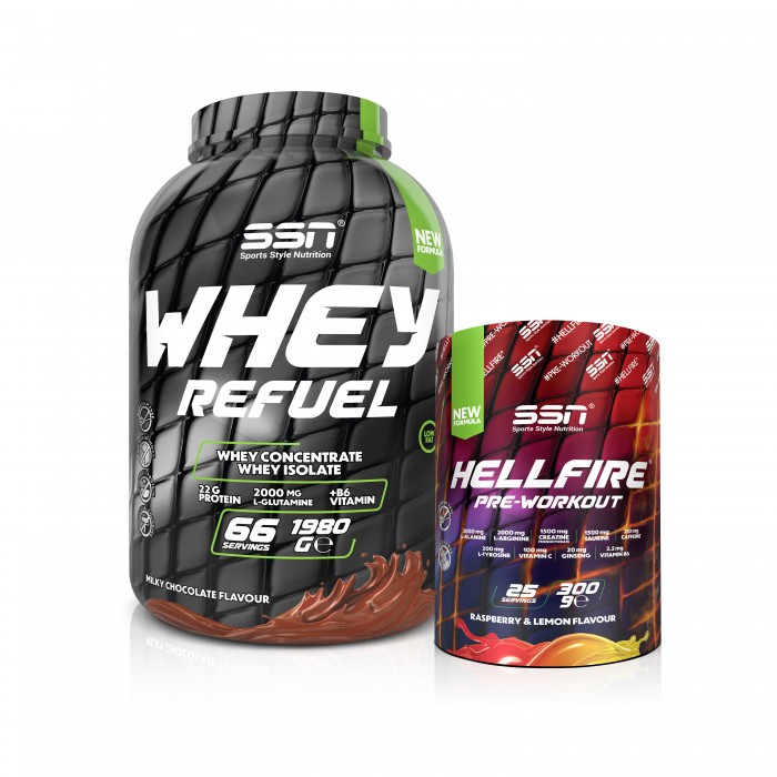 Refuel Kombinasyonu 3 ( SSN Whey Refuel Çikolata + SSN Hellfire Preworkout 300gr )